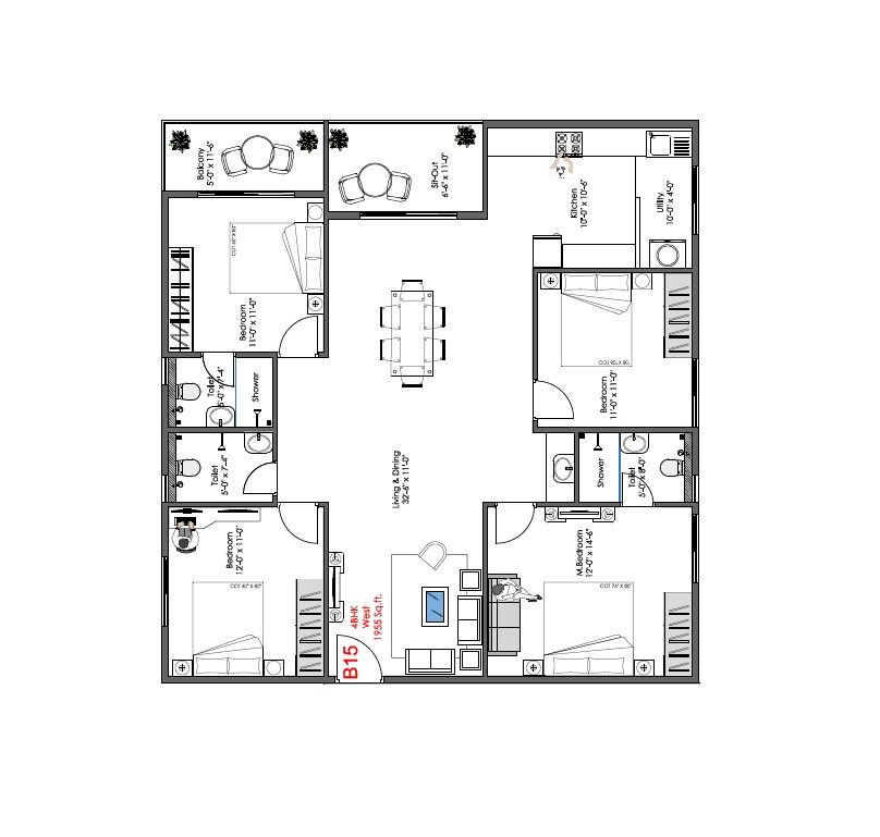 Floor plan of 4 BHK 1955 Sq. Ft. Apartment in Adithya Valioso, Bangalore