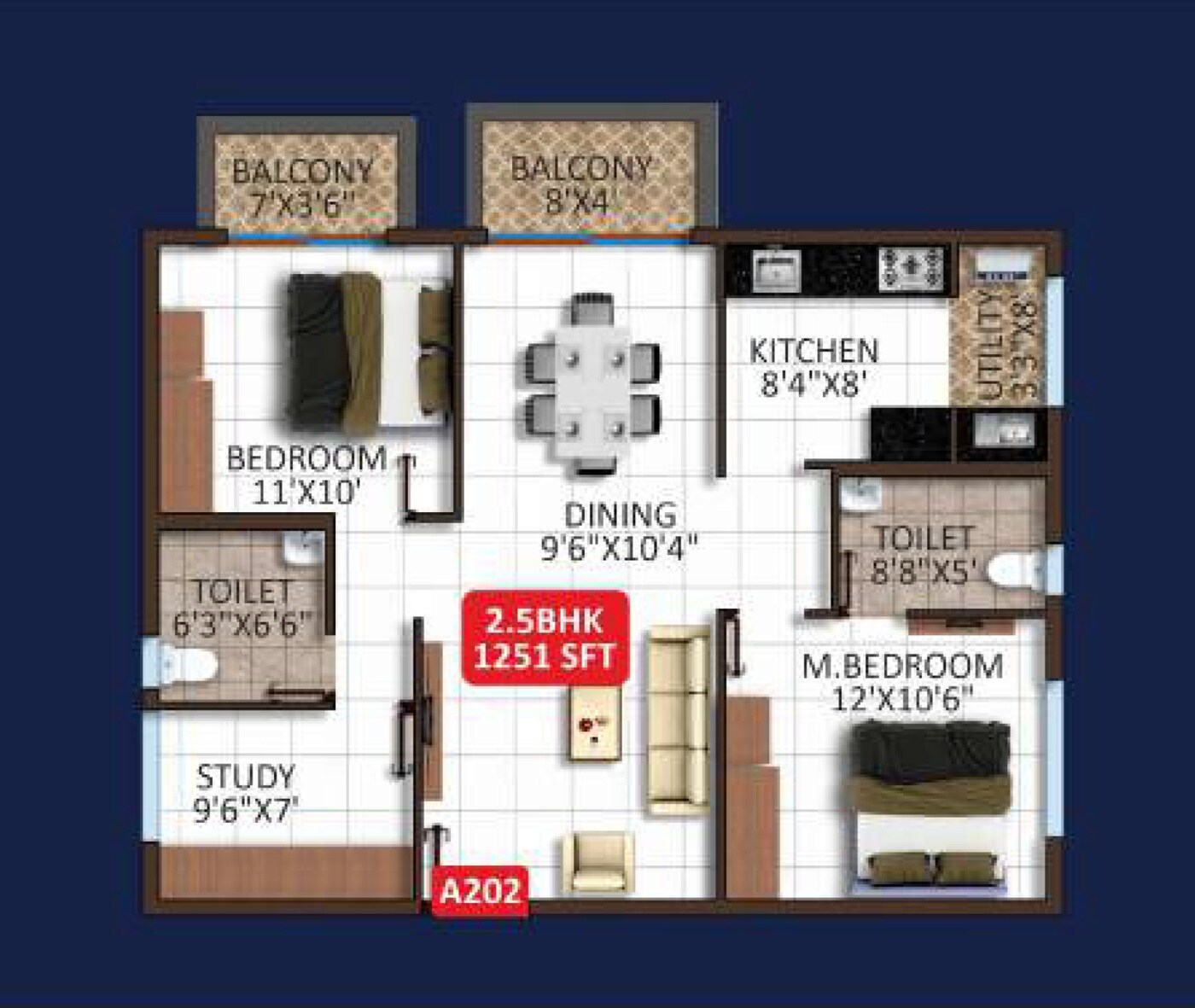 Floor plan of 2 BHK 1251 Sq. Ft. Apartment in Aditi North Star, Bangalore