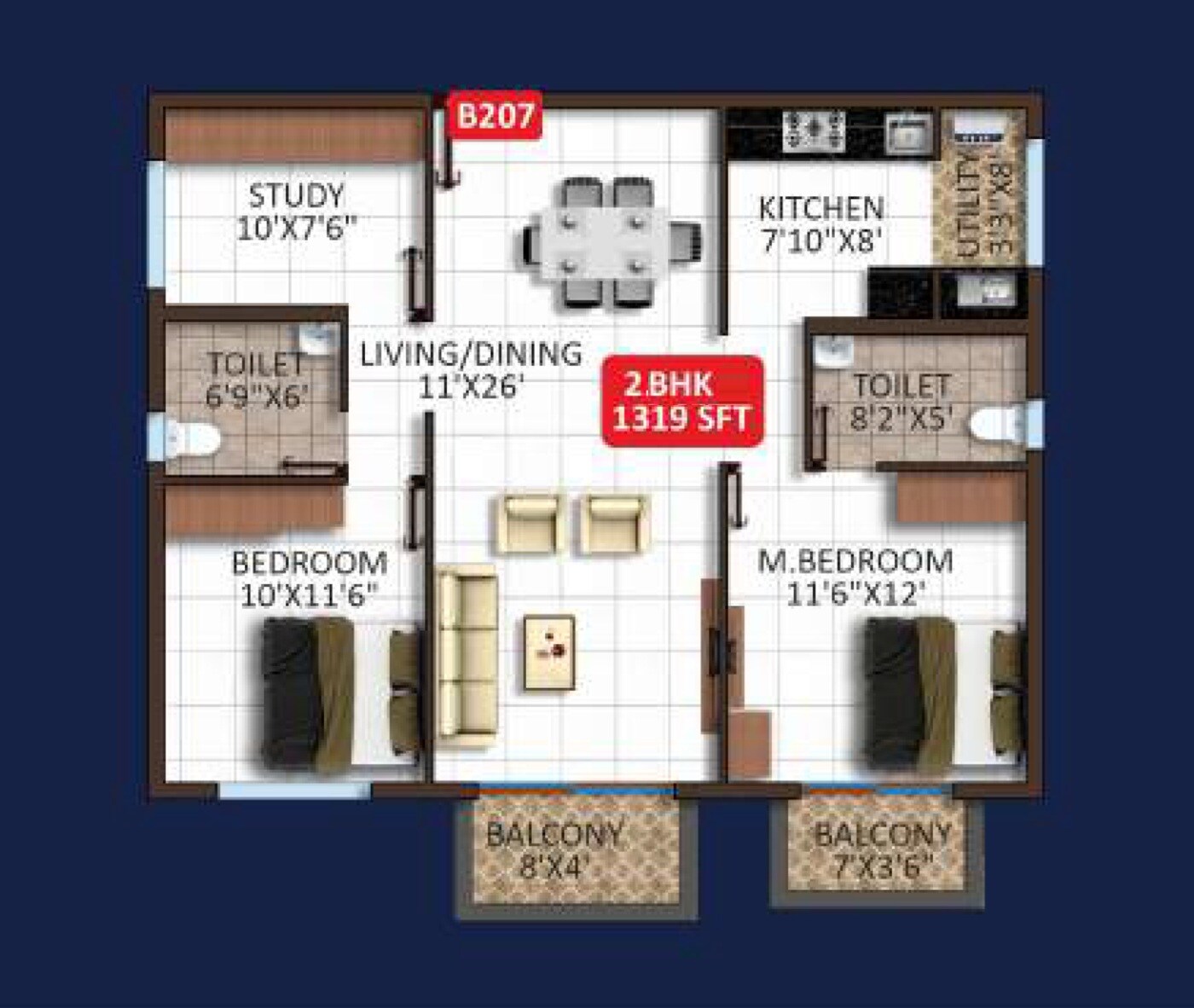 Floor plan of 2 BHK 1319 Sq. Ft. Apartment in Aditi North Star, Bangalore