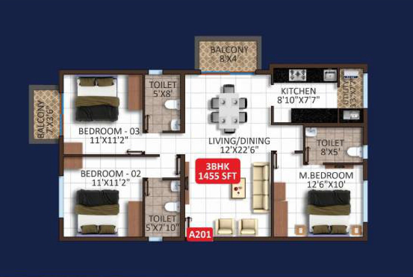 Floor plan of 3 BHK 1455 Sq. Ft. Apartment in Aditi North Star, Bangalore