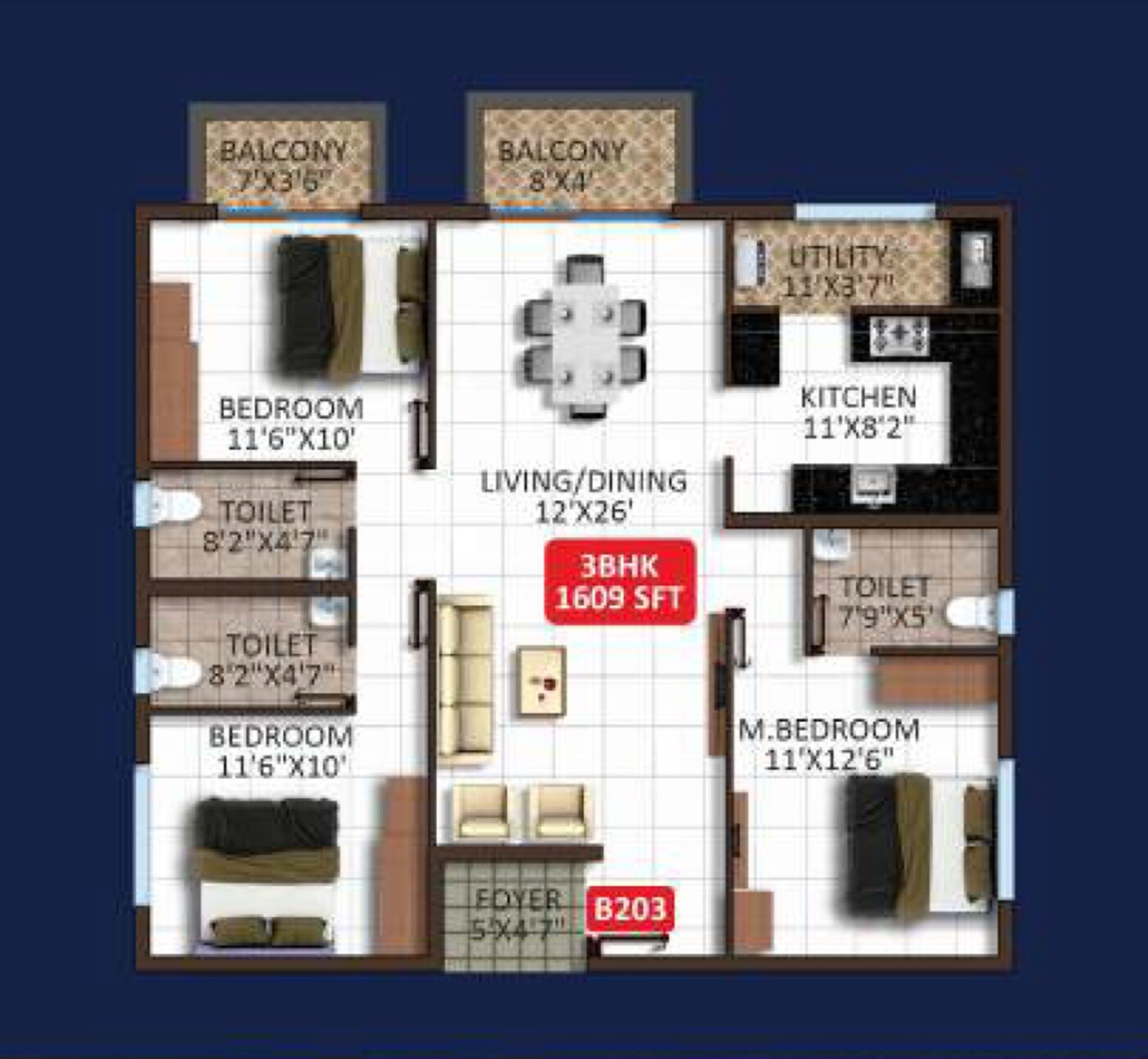 Floor plan of 3 BHK 1609 Sq. Ft. Apartment in Aditi North Star, Bangalore