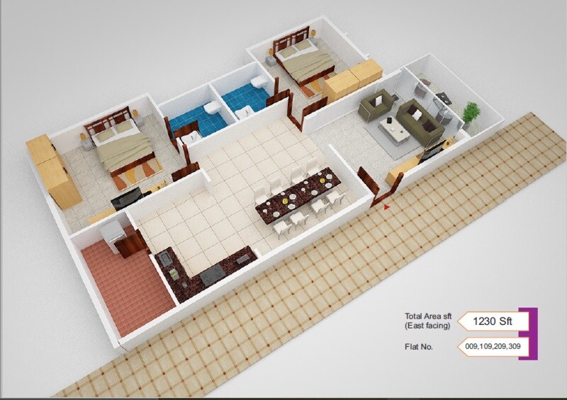 Floor plan of 2 BHK 1230 Sq. Ft. Apartment in Aditrri Lotus, Bangalore