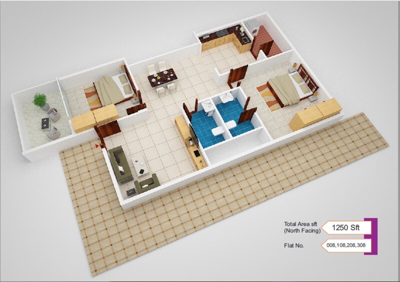 Floor plan of 2 BHK 1250 Sq. Ft. Apartment in Aditrri Lotus, Bangalore