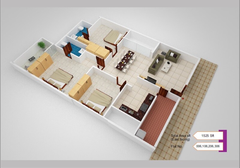 Floor plan of 3 BHK 1525 Sq. Ft. Apartment in Aditrri Lotus, Bangalore