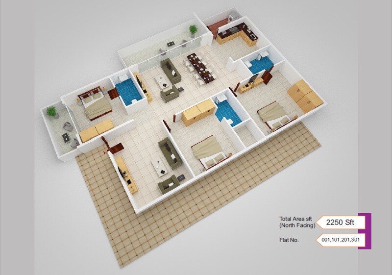 Floor plan of 3 BHK 2250 Sq. Ft. Apartment in Aditrri Lotus, Bangalore