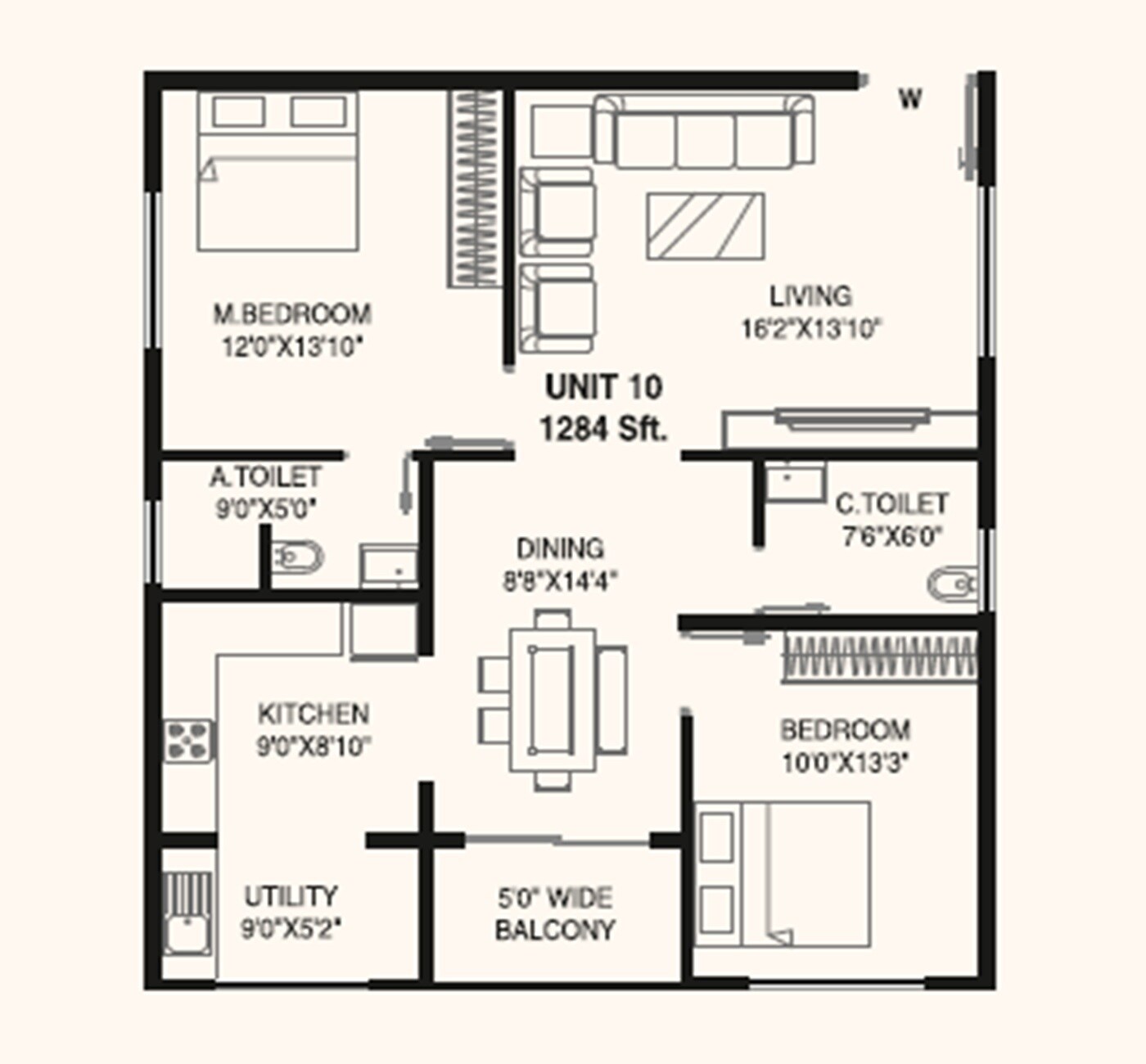 Floor plan of 2 BHK 1284 Sq. Ft. Apartment in Aditya Raaga, Bangalore