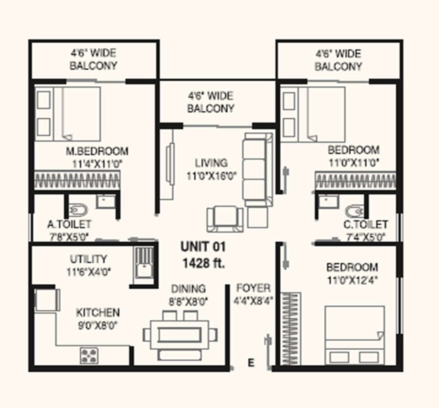 Floor plan of 3 BHK 1428 Sq. Ft. Apartment in Aditya Raaga, Bangalore