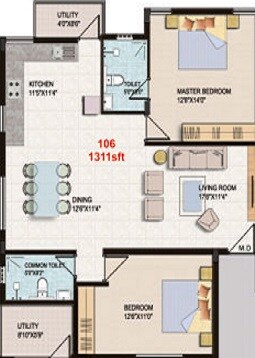 Floor plan of 2 BHK 1311 Sq. Ft. Apartment in ADL Sunshine, Bangalore