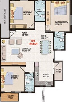 Floor plan of 3 BHK 1561 Sq. Ft. Apartment in ADL Sunshine, Bangalore
