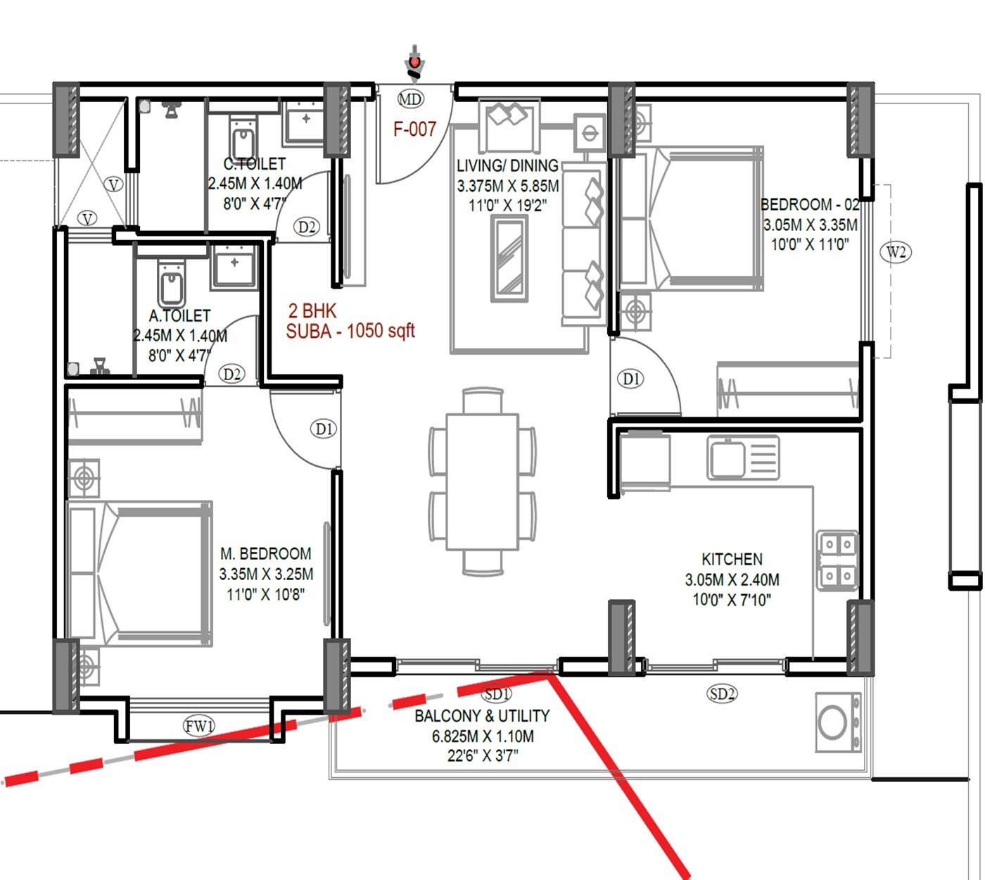 Floor plan of 2 BHK 1050 Sq. Ft. Apartment in Adna Life Square, Bangalore