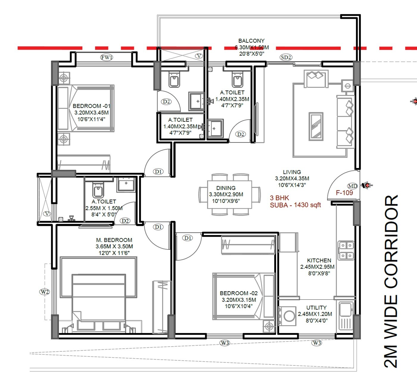 Floor plan of 3 BHK 1430 Sq. Ft. Apartment in Adna Life Square, Bangalore