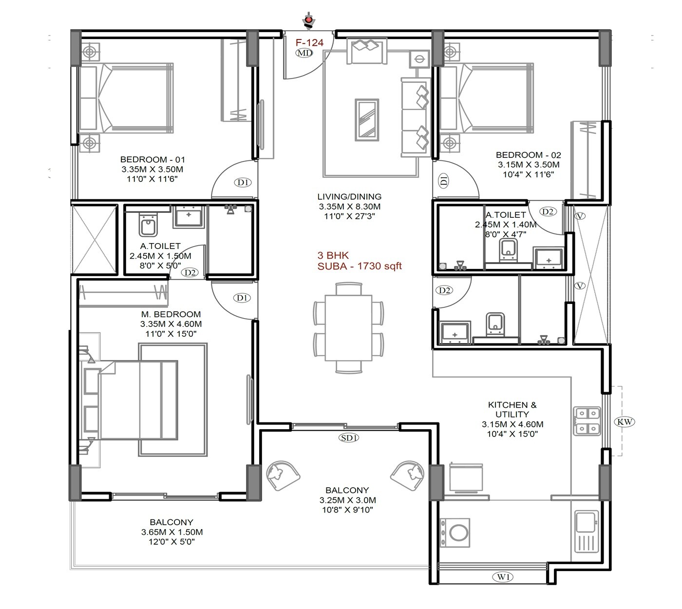 Floor plan of 3 BHK 1730 Sq. Ft. Apartment in Adna Life Square, Bangalore