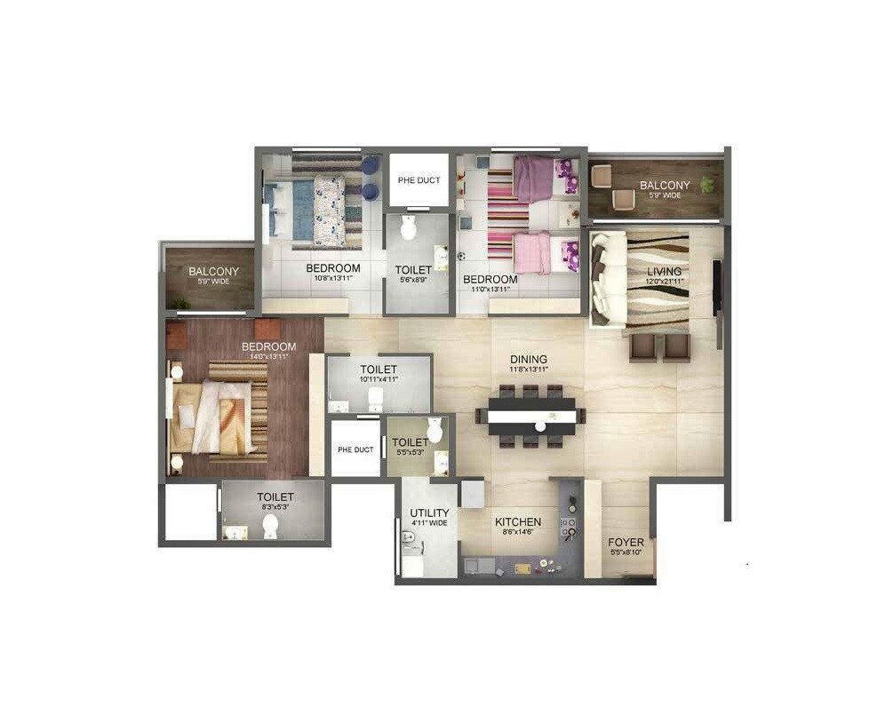 Floor plan of 3 BHK 1948 Sq. Ft. Apartment in Advaitha Aksha, Bangalore