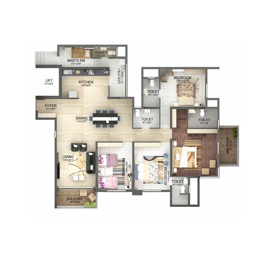 Floor plan of 4 BHK 2882 Sq. Ft. Apartment in Advaitha Aksha, Bangalore