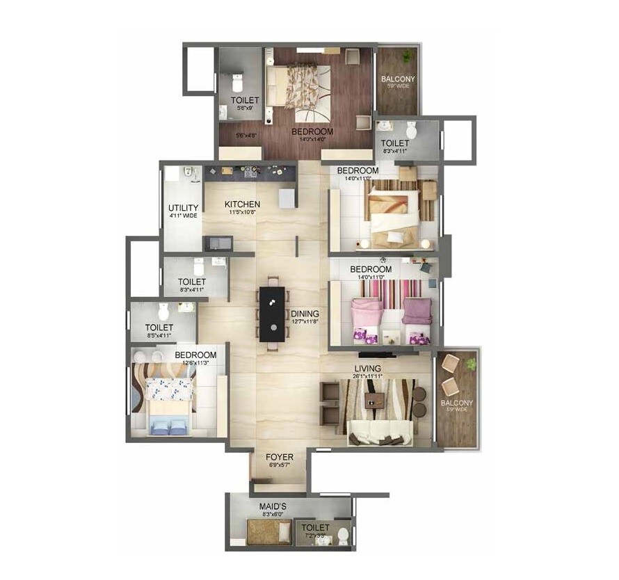 Floor plan of 4 BHK 3012 Sq. Ft. Apartment in Advaitha Aksha, Bangalore