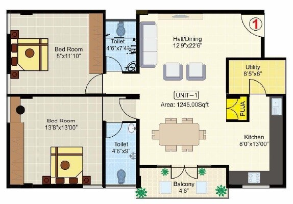 Floor plan of 2 BHK 1245 Sq. Ft. Apartment in Aesthetic PV Paradise, Bangalore