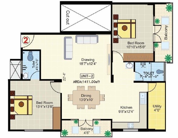 Floor plan of 2 BHK 1411 Sq. Ft. Apartment in Aesthetic PV Paradise, Bangalore