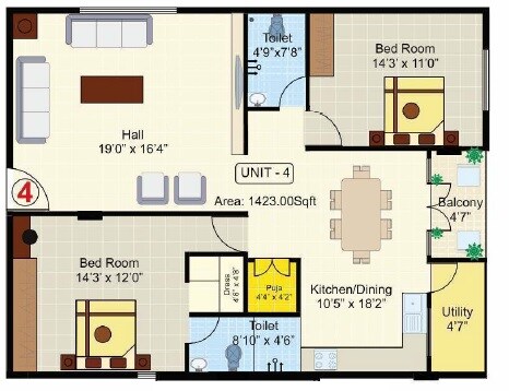 Floor plan of 2 BHK 1423 Sq. Ft. Apartment in Aesthetic PV Paradise, Bangalore