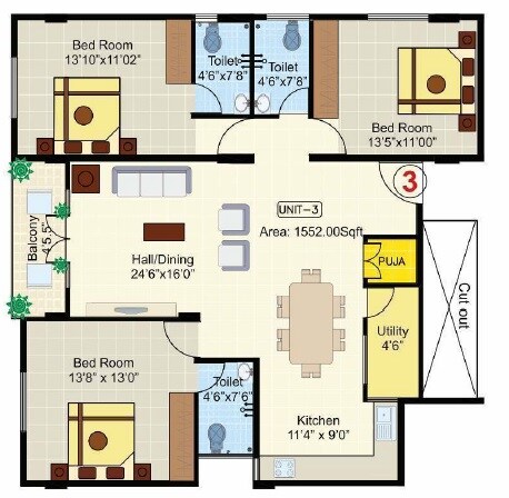 Floor plan of 3 BHK 1552 Sq. Ft. Apartment in Aesthetic PV Paradise, Bangalore