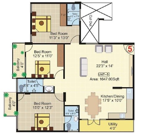 Floor plan of 3 BHK 1647 Sq. Ft. Apartment in Aesthetic PV Paradise, Bangalore