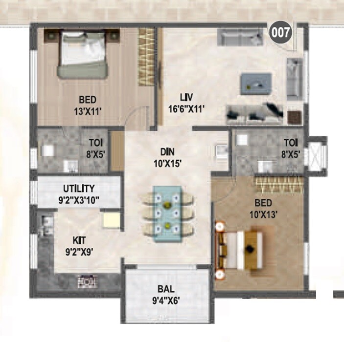Floor plan of 2 BHK 1240 Sq. Ft. Apartment in Affinity Brundaavana, Bangalore