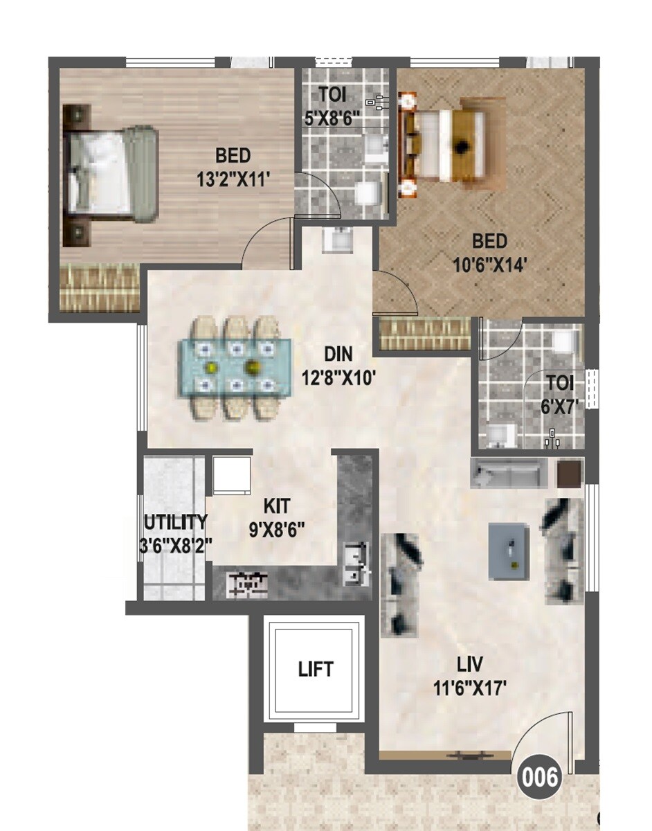 Floor plan of 2 BHK 1360 Sq. Ft. Apartment in Affinity Brundaavana, Bangalore