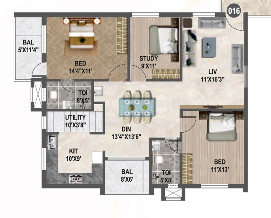 Floor plan of 3 BHK 1490 Sq. Ft. Apartment in Affinity Brundaavana, Bangalore