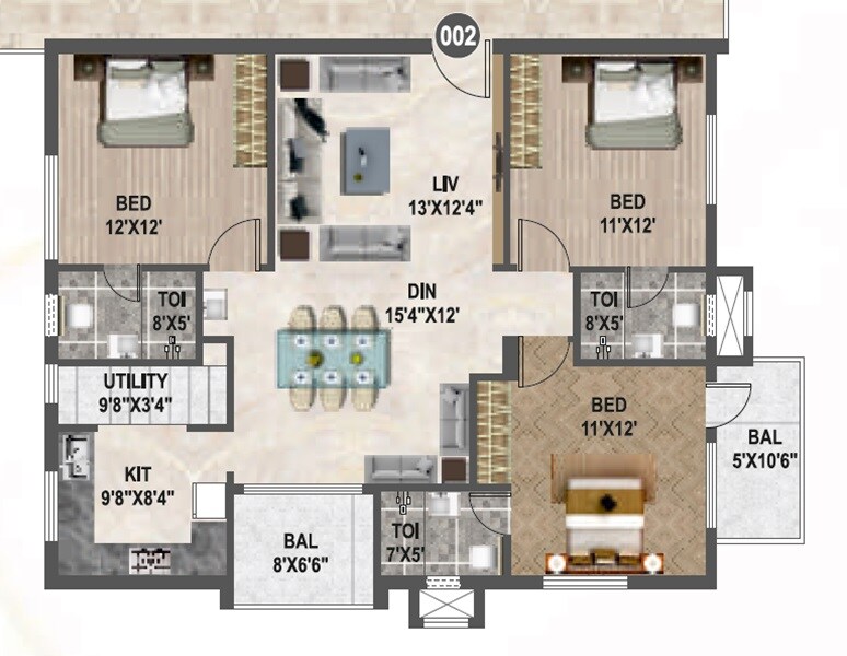 Floor plan of 3 BHK 1640 Sq. Ft. Apartment in Affinity Brundaavana, Bangalore