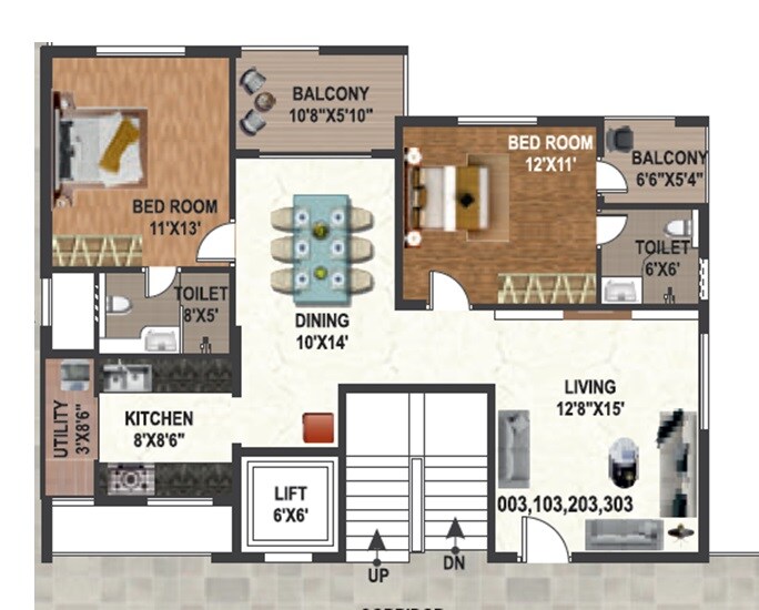 Floor plan of 2 BHK 1260 Sq. Ft. Apartment in Affinity Gardenia, Bangalore