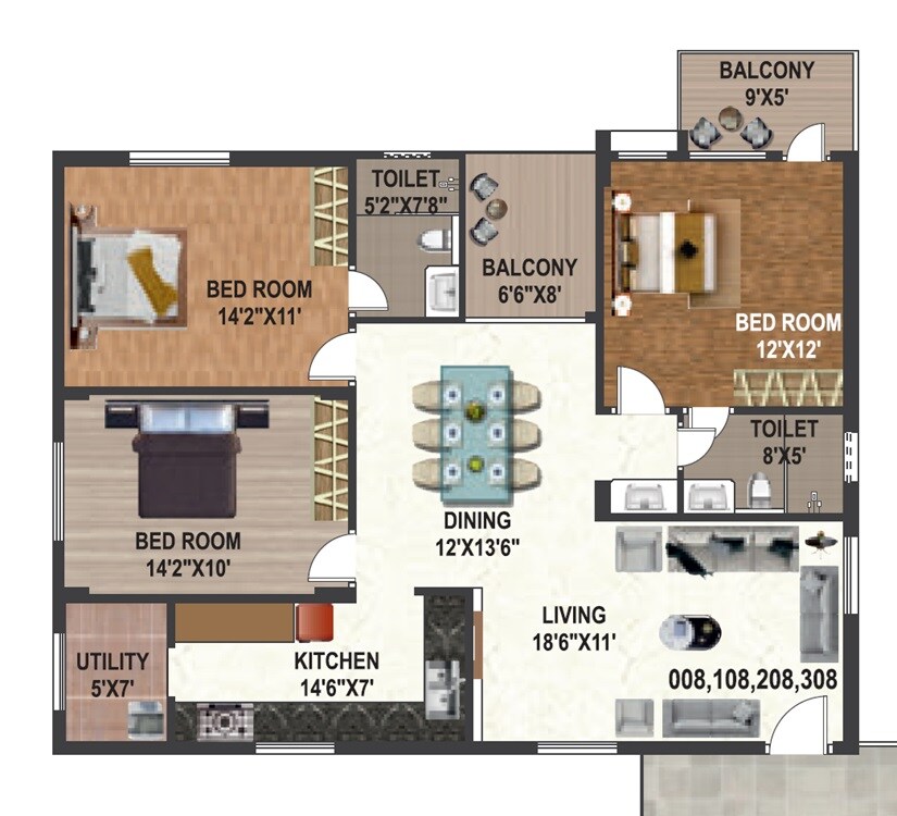 Floor plan of 3 BHK 1520 Sq. Ft. Apartment in Affinity Gardenia, Bangalore