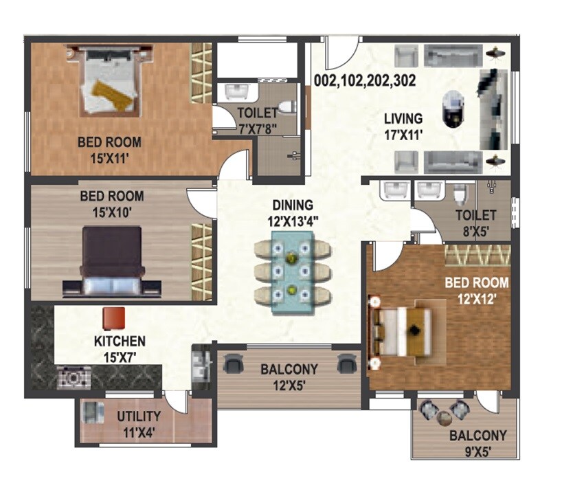 Floor plan of 3 BHK 1600 Sq. Ft. Apartment in Affinity Gardenia, Bangalore