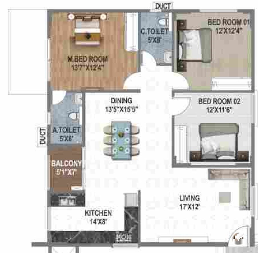 Floor plan of 3 BHK 1490 Sq. Ft. Apartment in Affinity Sarovar, Bangalore