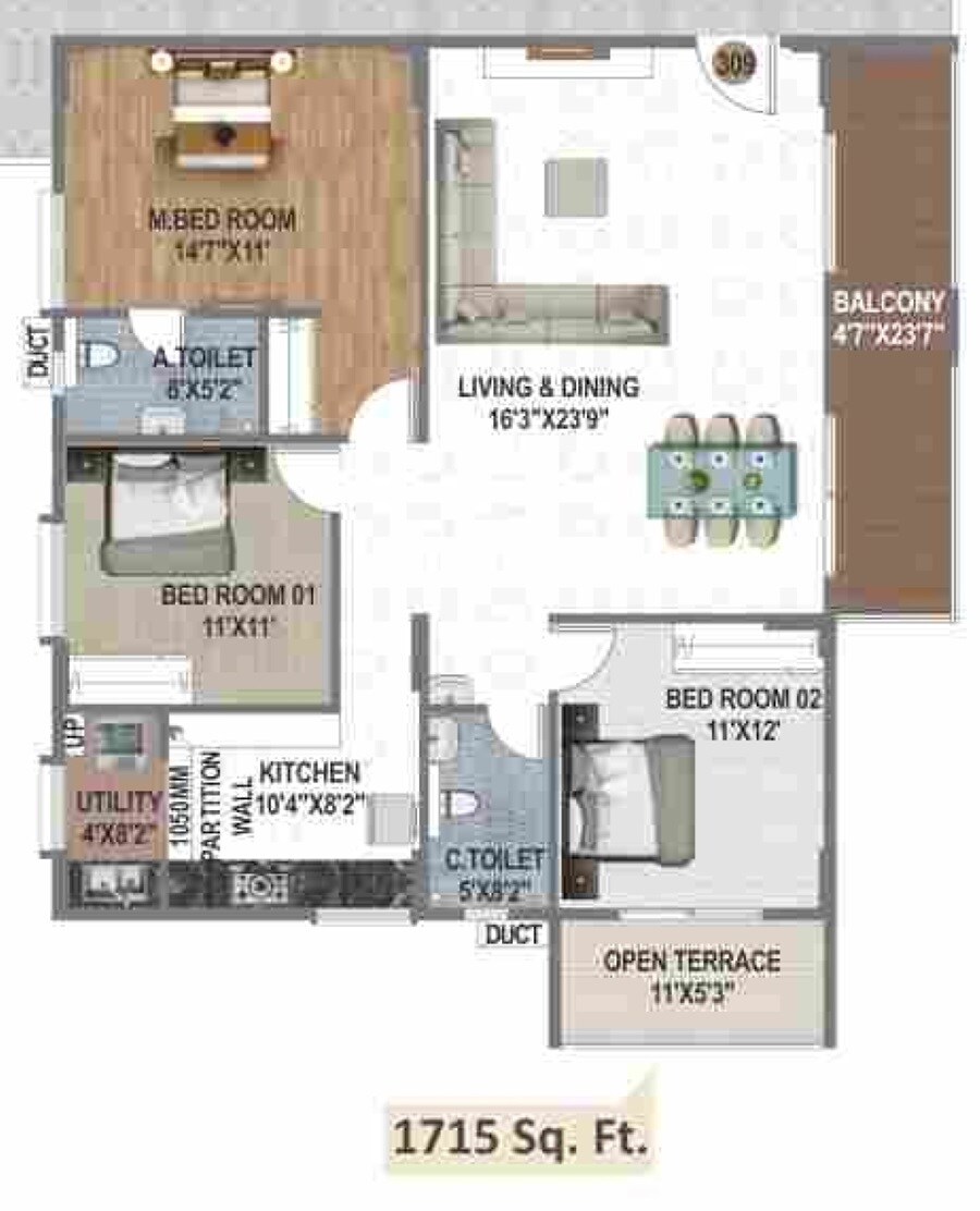 Floor plan of 3 BHK 1715 Sq. Ft. Apartment in Affinity Sarovar, Bangalore