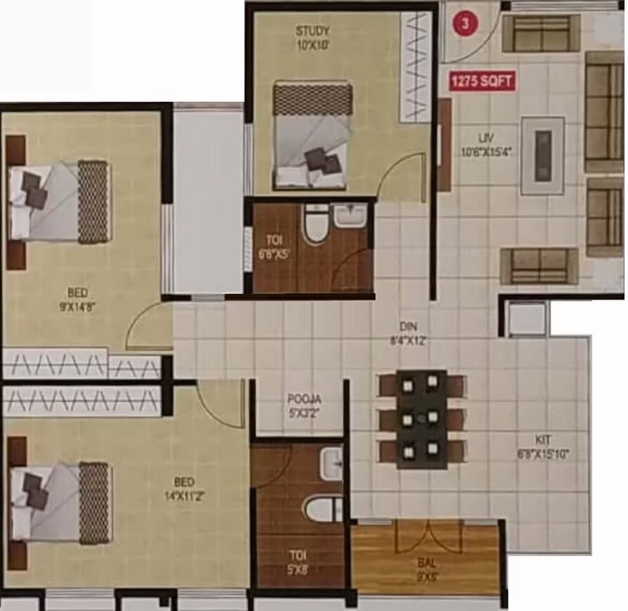 Floor plan of 3 BHK 1275 Sq. Ft. Apartment in Affinity Sowparnika, Bangalore