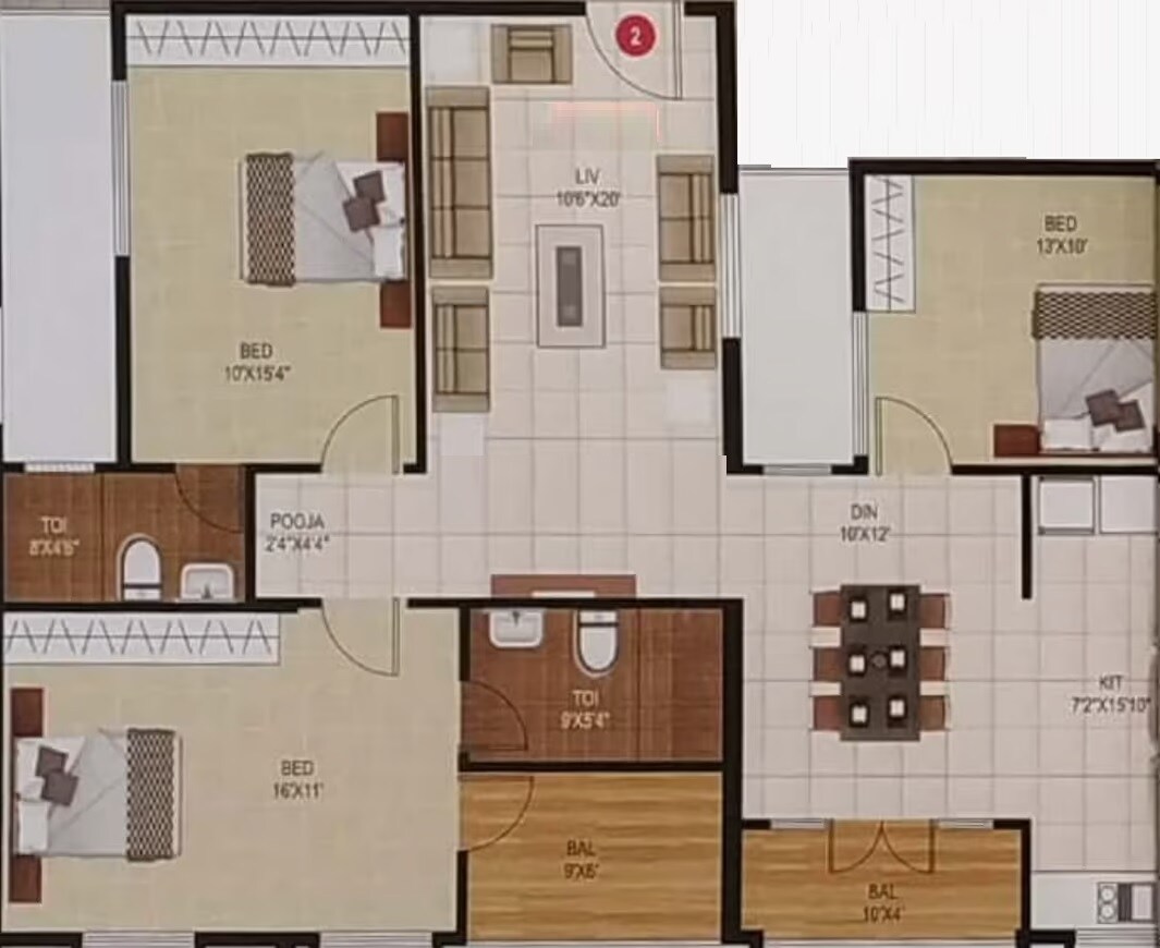 Floor plan of 3 BHK 1500 Sq. Ft. Apartment in Affinity Sowparnika, Bangalore