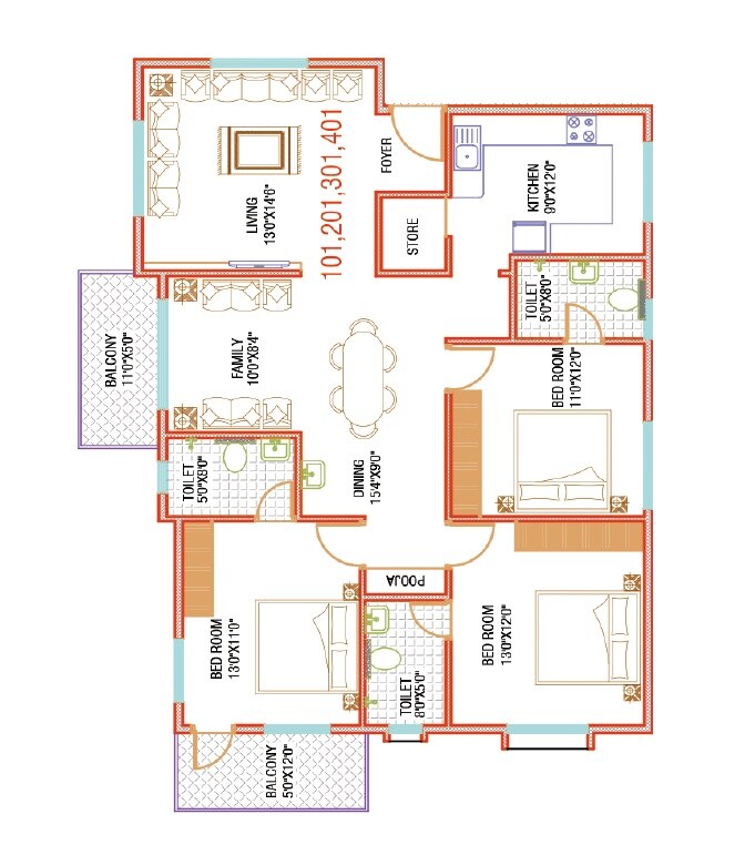 Floor plan of 3 BHK 1700 Sq. Ft. Apartment in Affinity Vaishnavi Harmony, Bangalore
