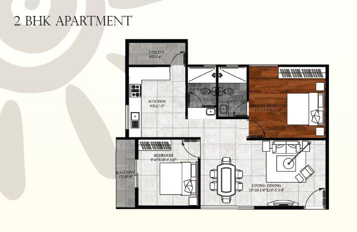Floor plan of 2 BHK 1025 Sq. Ft. Apartment in Agani Velocity, Bangalore