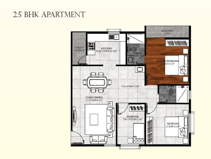 Floor plan of 2 BHK 1164 Sq. Ft. Apartment in Agani Velocity, Bangalore