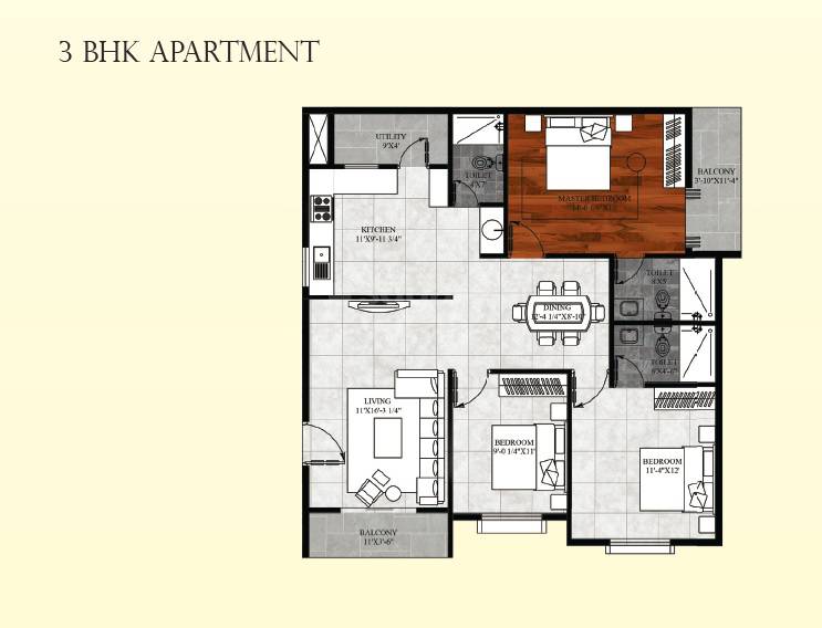 Floor plan of 3 BHK 1466 Sq. Ft. Apartment in Agani Velocity, Bangalore