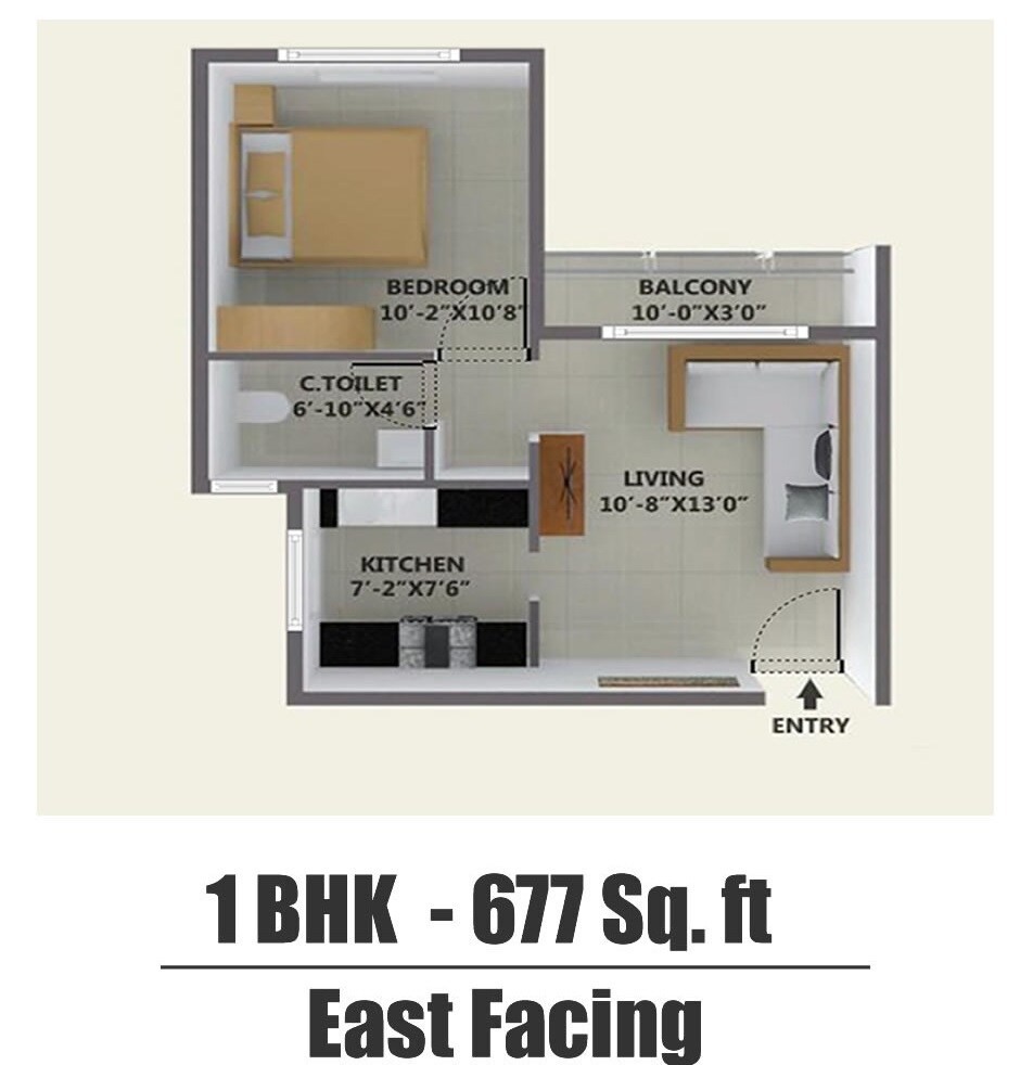Floor plan of 1 BHK 677 Sq. Ft. Apartment in Agser Homes, Bangalore