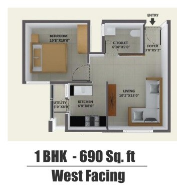 Floor plan of 1 BHK 690 Sq. Ft. Apartment in Agser Homes, Bangalore