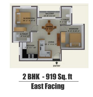 Floor plan of 2 BHK 919 Sq. Ft. Apartment in Agser Homes, Bangalore