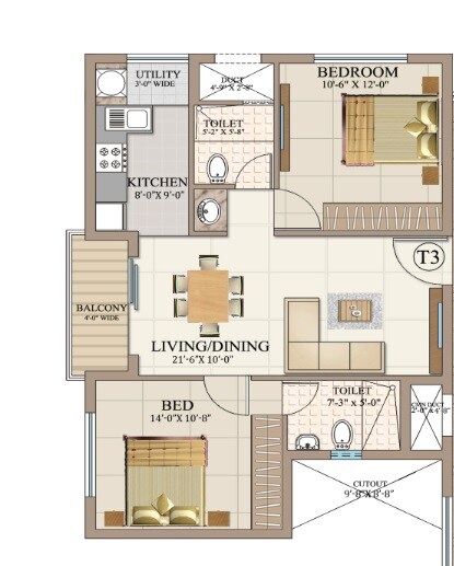 Floor plan of 2 BHK 855 Sq. Ft. Apartment in Ahad Euphoria, Bangalore