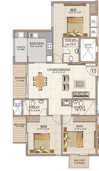 Floor plan of 3 BHK 1378 Sq. Ft. Apartment in Ahad Euphoria, Bangalore