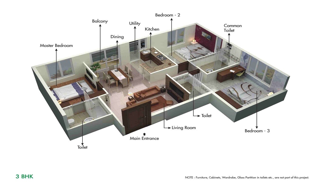 Floor plan of 3 BHK 1644 Sq. Ft. Apartment in Ahad Euphoria, Bangalore