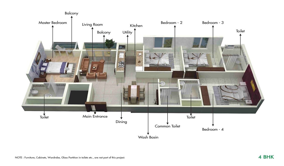 Floor plan of 4 BHK 1862 Sq. Ft. Apartment in Ahad Euphoria, Bangalore
