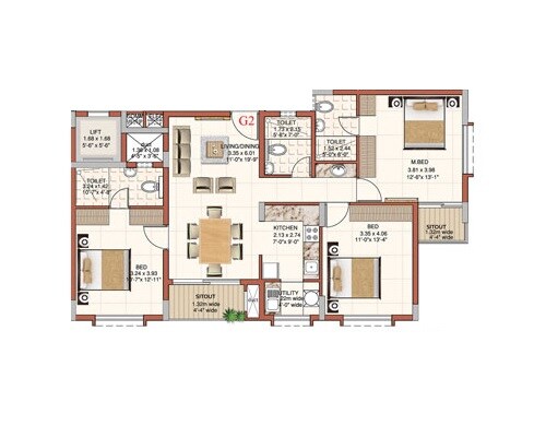Floor plan of 3 BHK 1441 Sq. Ft. Apartment in Ahad Excellencia, Bangalore