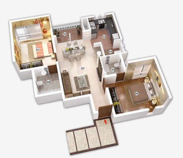 Floor plan of 2 BHK 1102 Sq. Ft. Apartment in Ahad Opus, Bangalore