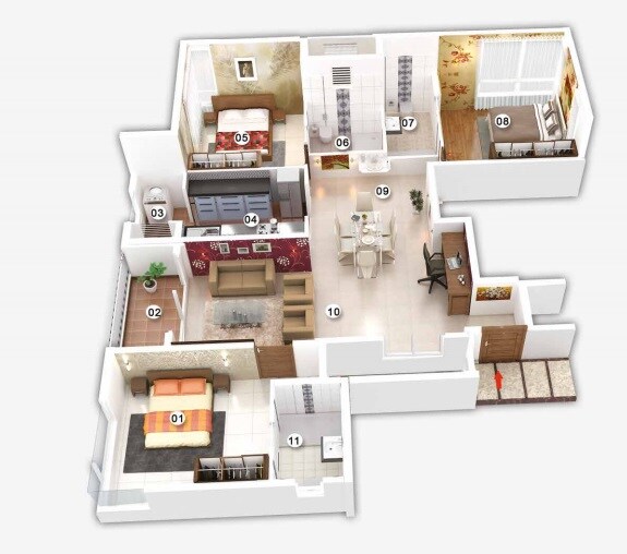 Floor plan of 3 BHK 1622 Sq. Ft. Apartment in Ahad Opus, Bangalore