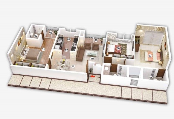 Floor plan of 3 BHK 1648 Sq. Ft. Apartment in Ahad Opus, Bangalore